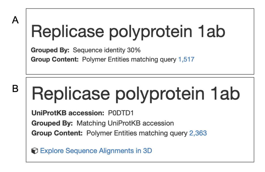 Figure 8: Summary of Grouping at the top of the Sequence Tab of the Group summary page for a case where the polymer entity grouping was done by A. sequence identity, and B. UniProt accession.