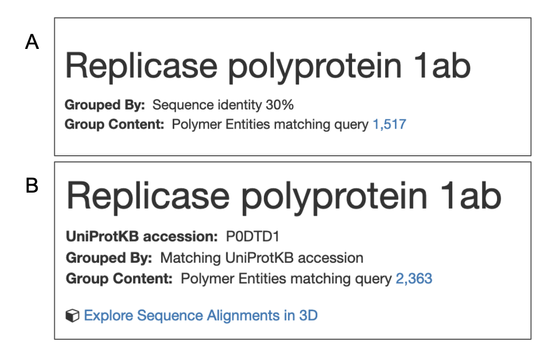 图8：分组摘要页面序列选项卡顶部的分组摘要，其中聚合物实体分组是由a.序列标识和B.UniProt加入完成的。
