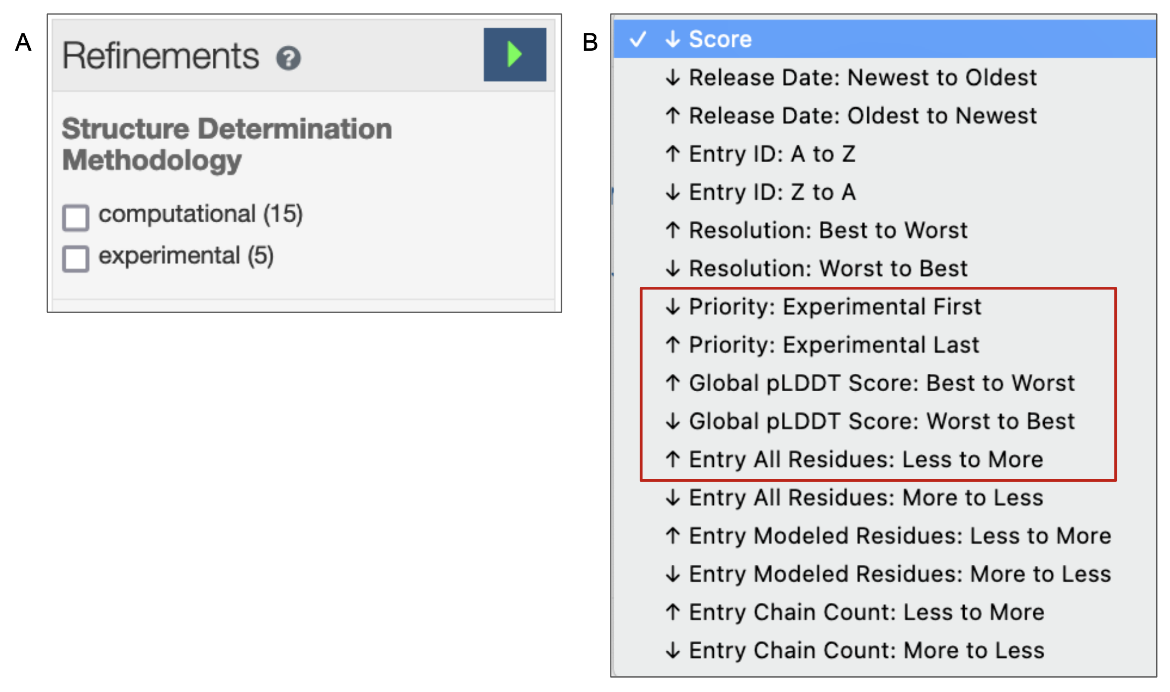 Figure 5: Options to refine search results. A. Check boxes to selectively exclude experimental structures or CSMs; B. Options to order the search results to prioritize experimental structures or CSMs.