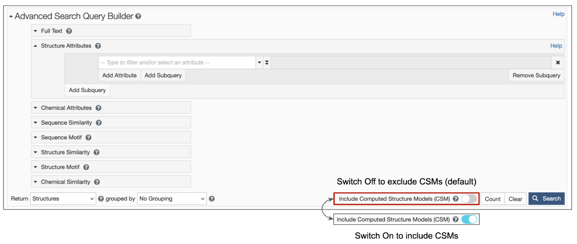 Figure 2: Advanced Search Query Builder options available form the RCSB.org home page