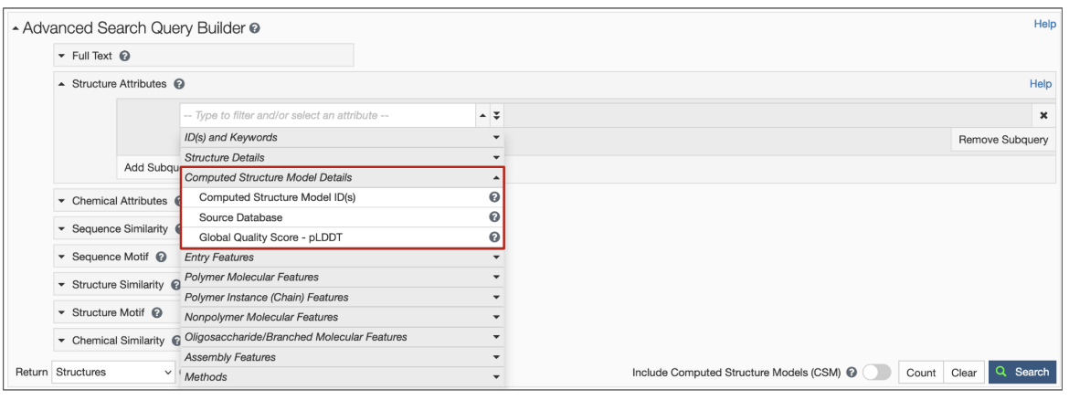 Figure 3: Structure Attributes (properties) available to search for CSMs using the Advanced Search Query Builder.  