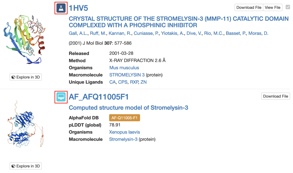 Figure 4: Part of the Search Results page showing an experimental structure and a CSM, each marked with their respective icons (highlighted with a red outlined box). 
