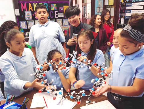 Students at the Andrew D. Sullivan elementary school assembling a cyclic peptide model