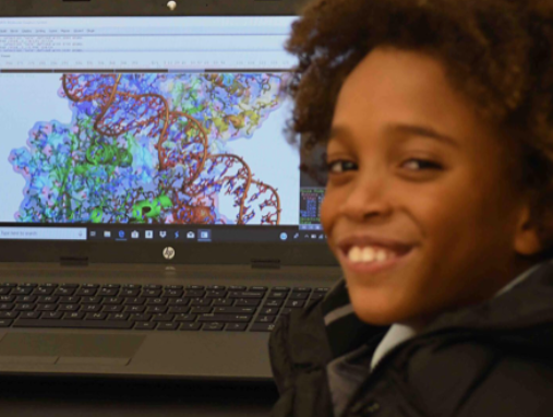 A student at Hudson Montessori School using PyMol to render a DNA p53 crystal structure