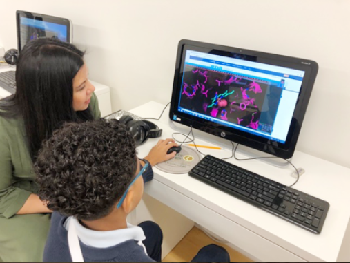 A student and teacher at Hudson Montessori School using PyMol to render a hemoglobin crystal structure