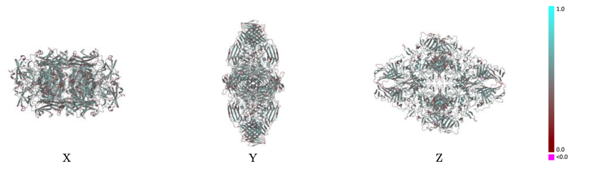 Example showing mostly red colors indicating Q-score closer to 0 and not a good resolvability of atoms