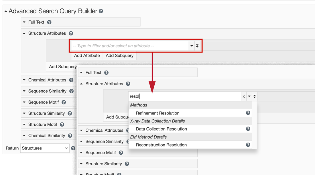 Advanced search for structure attributes interface