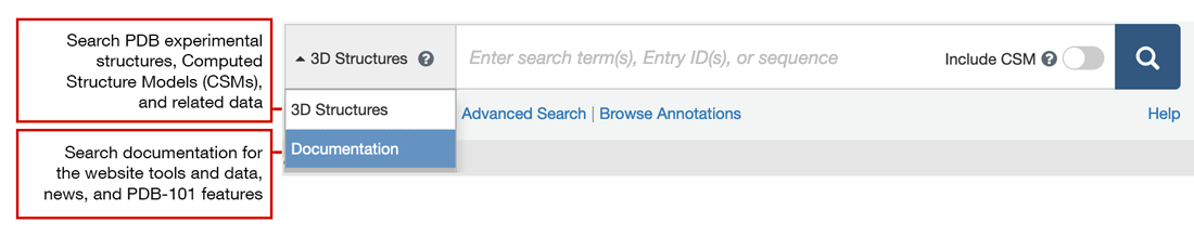 RCSB.org basic search interface with the options for data search and documentation search highlighted