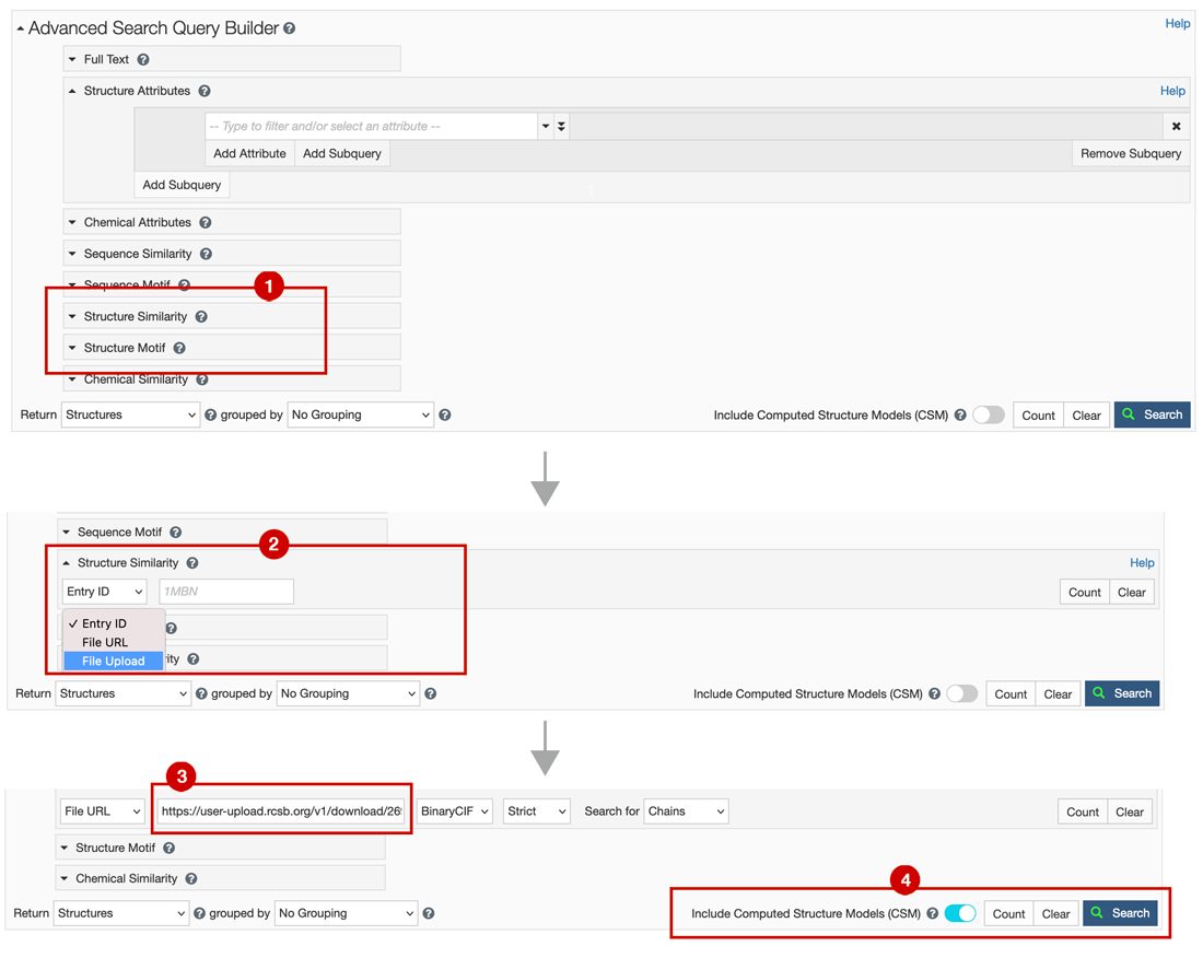 Advanced search interface with options for file upload highlighted