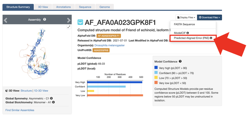 Structure Summary Page for a CSM from AlphaFold with the download PAE option highlighted by an arrow.